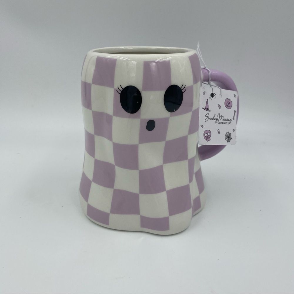 NWT Sunday Morning Ceramics Checkered Ghost Girl Halloween Mug